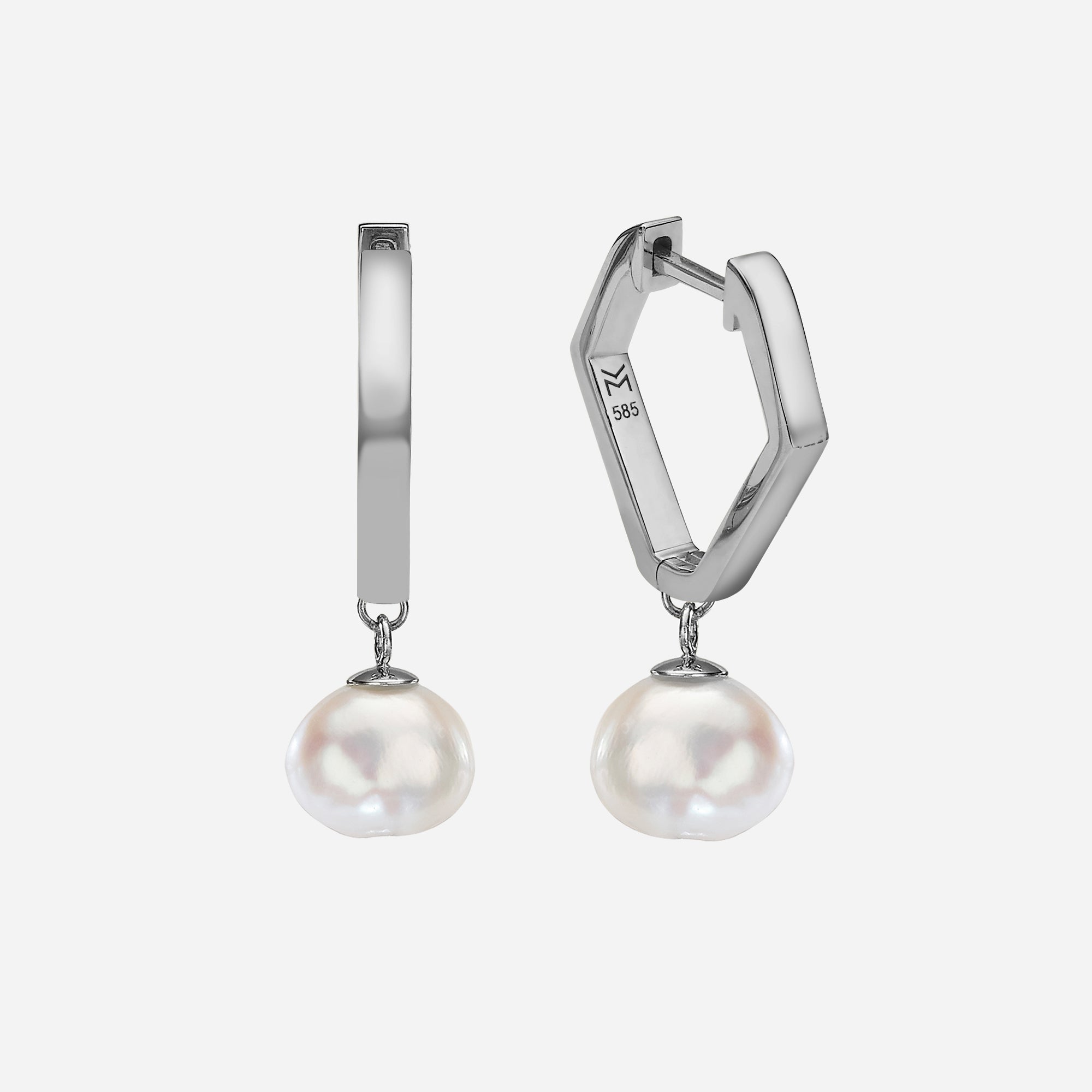 Pearl Octagon Solid Huggies | עגילי חישוק עם פנינה